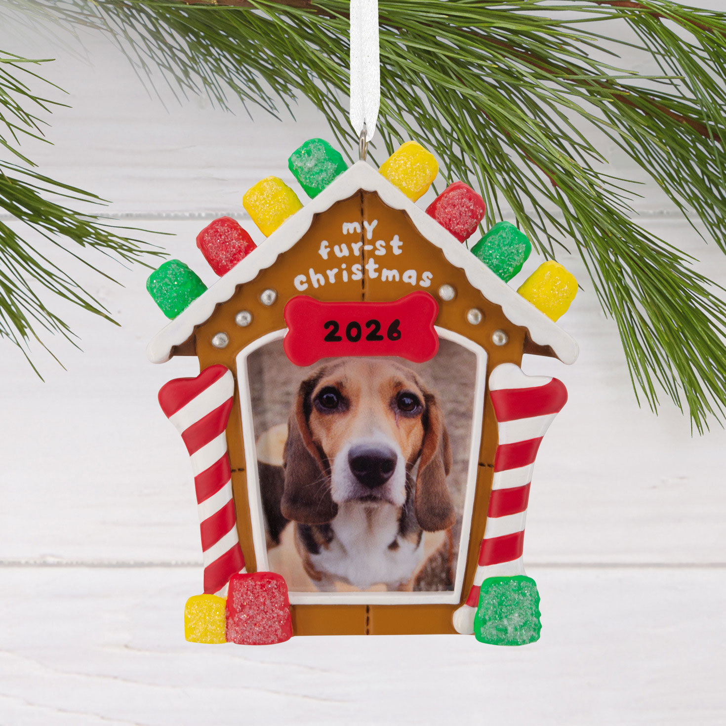 Gingerbread House Photo Frame Christmas Ornament hanging on tree image number 2