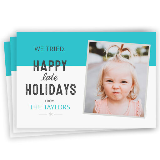 Funny Blue and White Flat Belated Holiday Photo Card, 