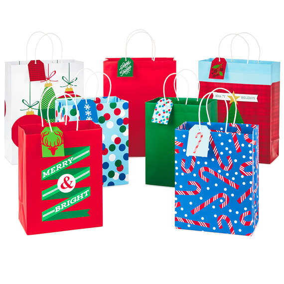 Colorful Christmas Gift Bags With Mix and Match Tags, Assorted Sizes and Designs