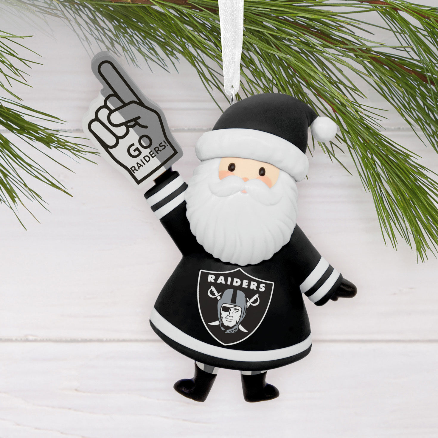 Las Vegas Raiders Santa Fan Christmas Ornament hanging on tree image number 2