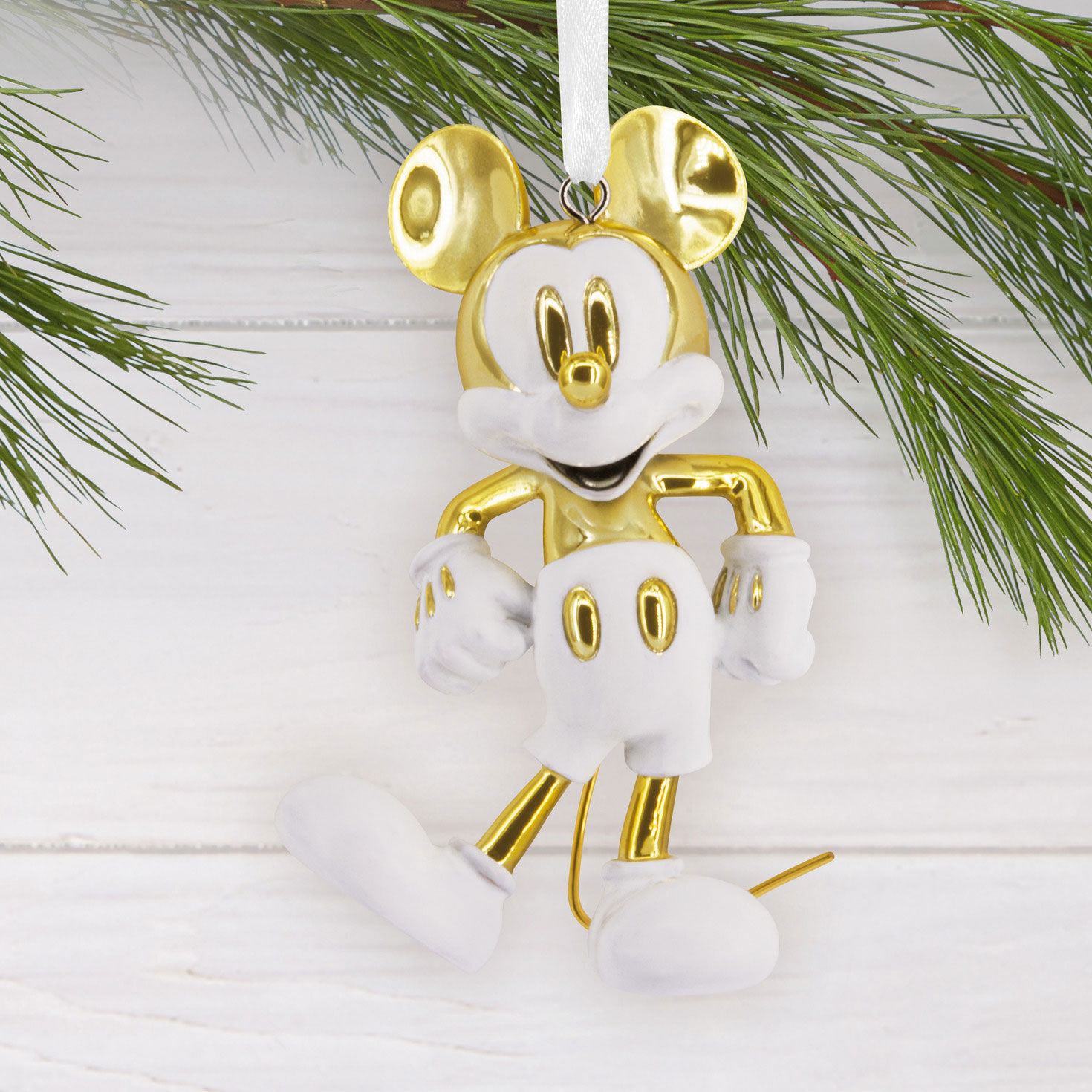 White Gold Mickey Mouse Christmas Ornament hanging on tree image number 2
