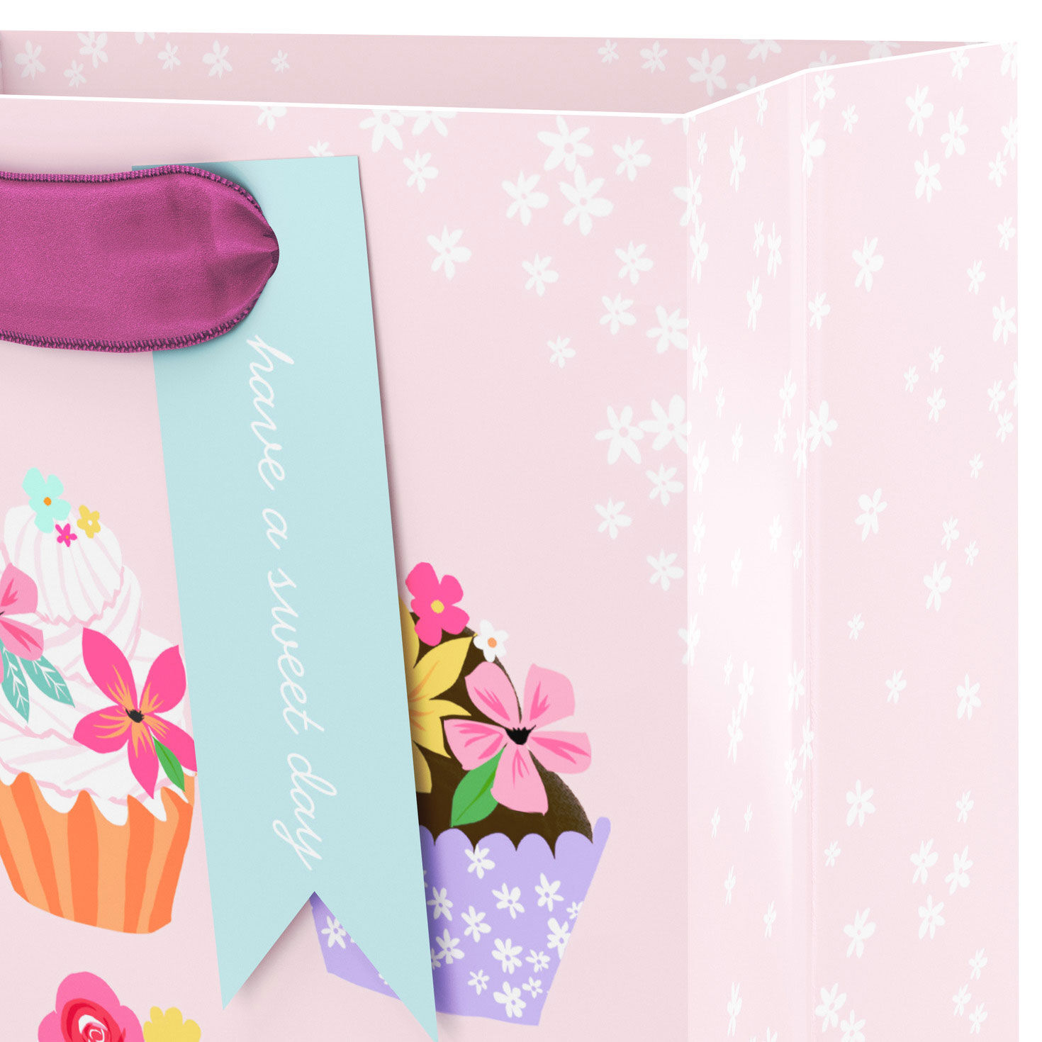 Floral Cupcakes on Light Pink Small Gift Bag Handle Detail image number 4