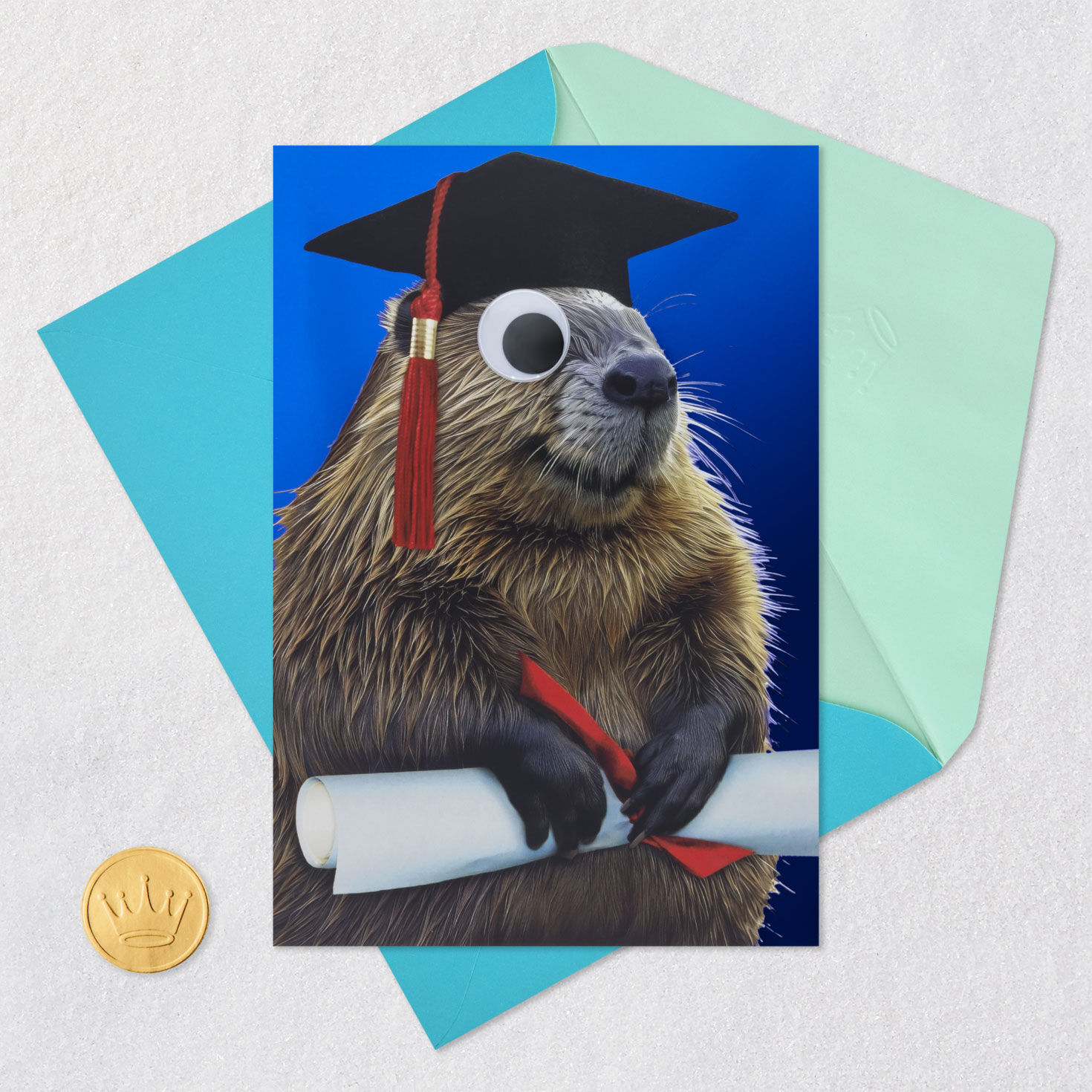 Beaver With Googly Eye Graduation Card Card Front with Envelope and Gold Seal image number 5