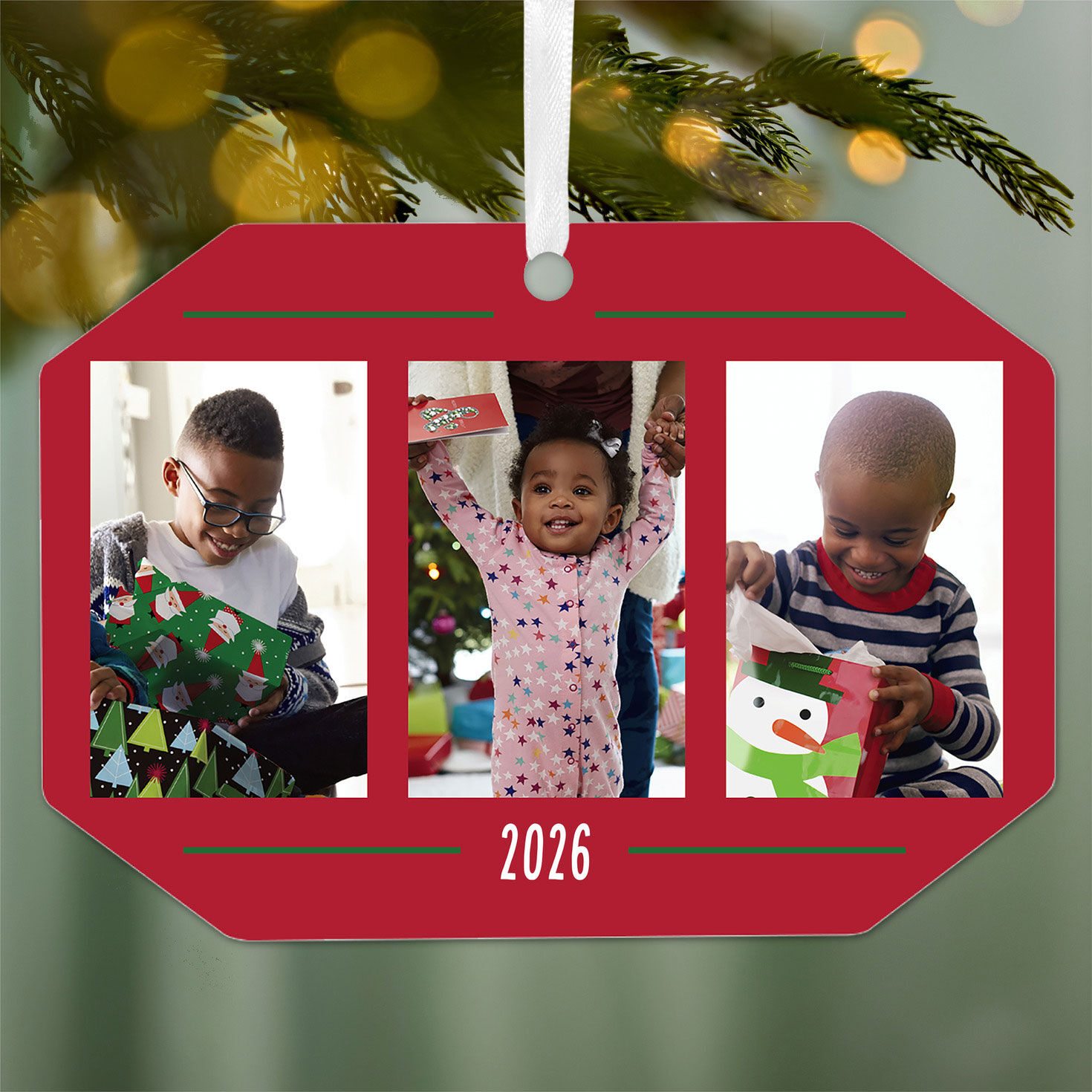 Three-Photo Personalized Christmas Ornament hanging on tree image number 2