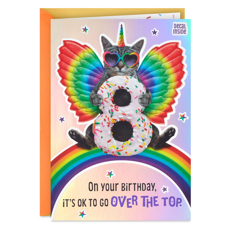Go Over the Top Unicorn Cat 8th Birthday Card With Decal