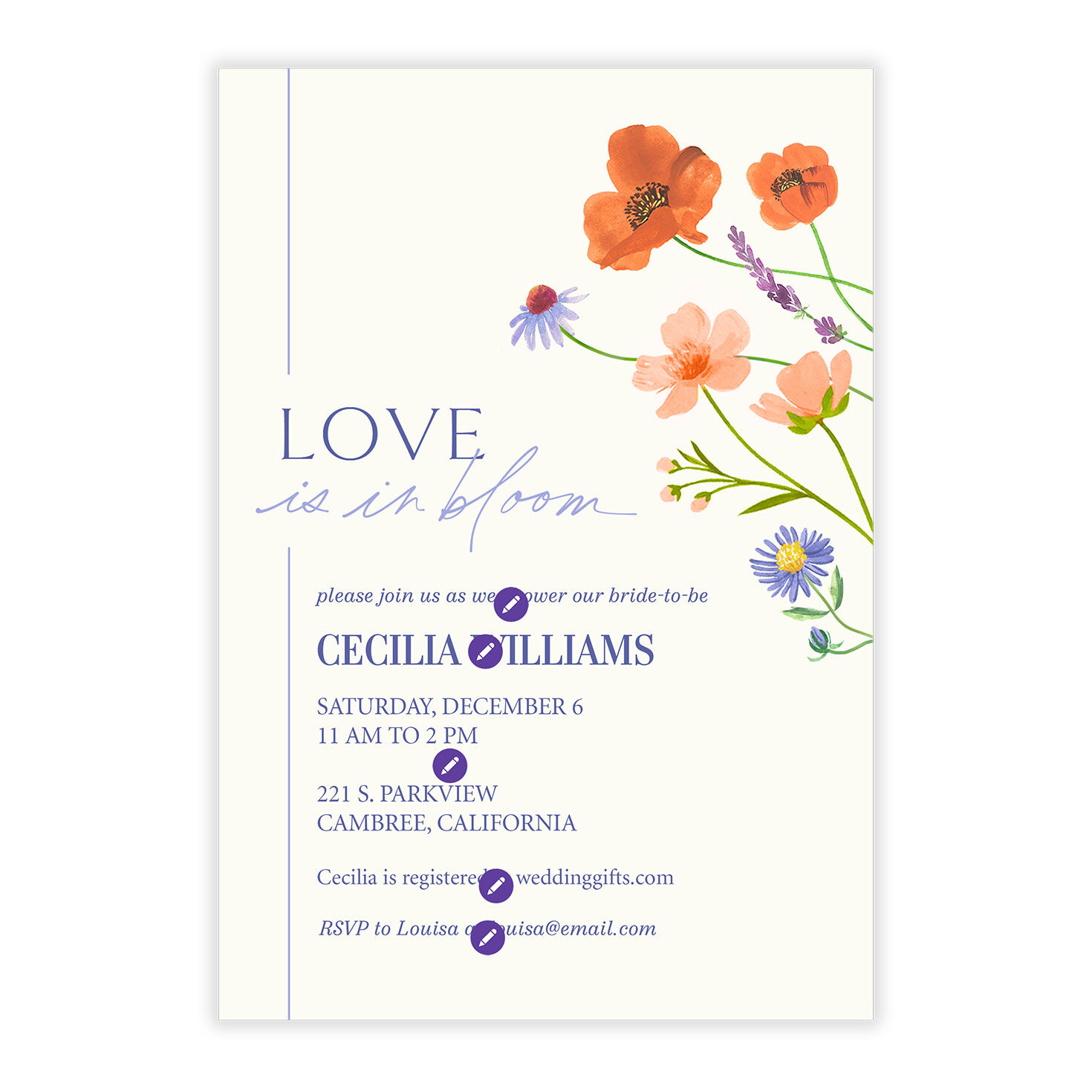 Flower Stems Personalized Wedding Shower Invitation Card Front indicating personalization image number 5