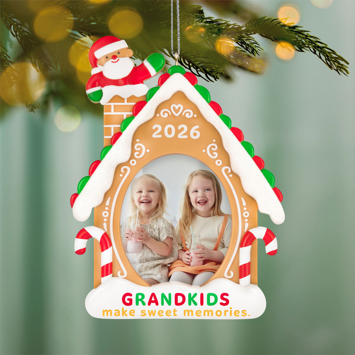 Grandkids Gingerbread House Photo Frame Ornament hanging on tree image number 2