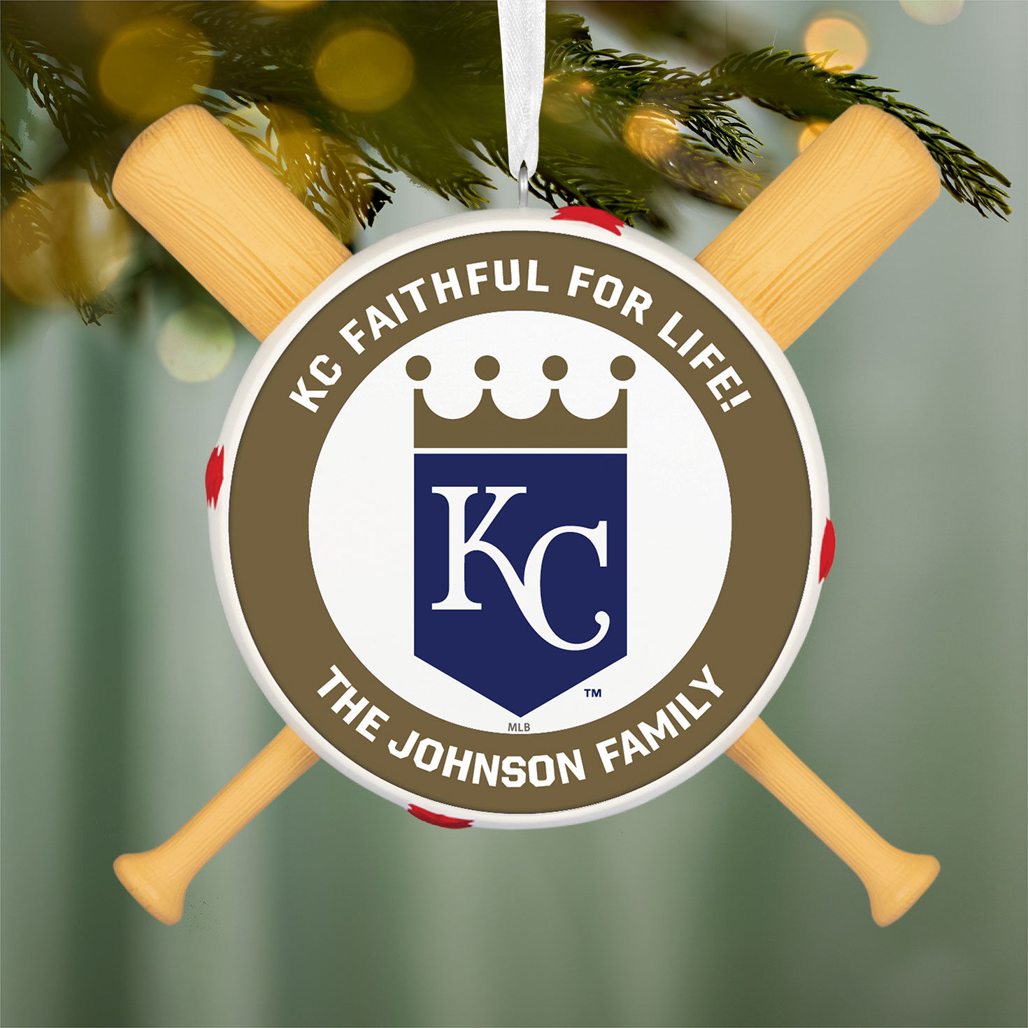 Kansas City Royals Personalized Text Ornament hanging on tree image number 3