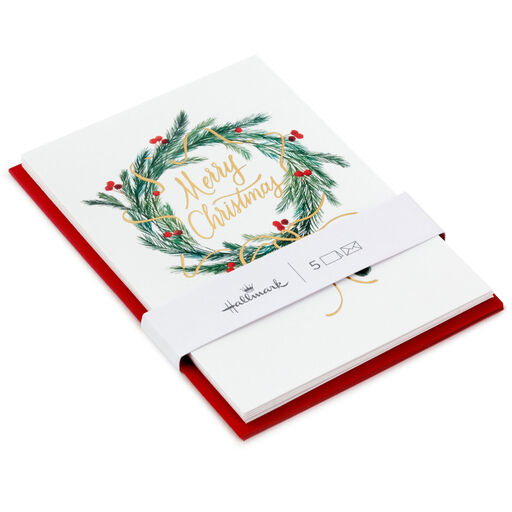 Pine and Berry Wreath Packaged Christmas Cards, Set of 5, 