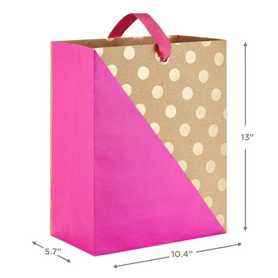 Fuchsia and Gold Dots on Kraft Large Gift Bag, 13", , large image number 3