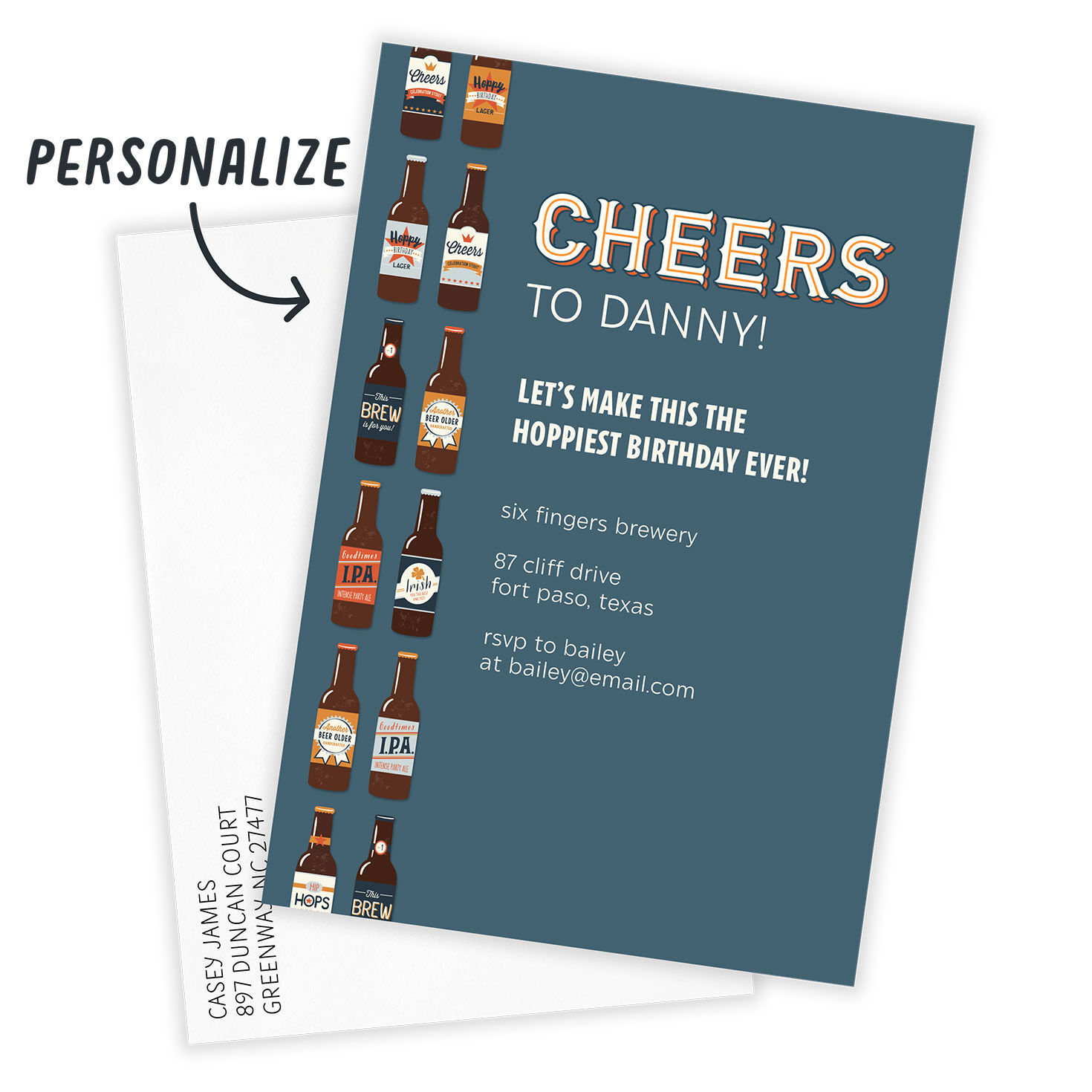 Beer Bottles Border Personalized Party Invitation Card with Envelope indicating personalization image number 2