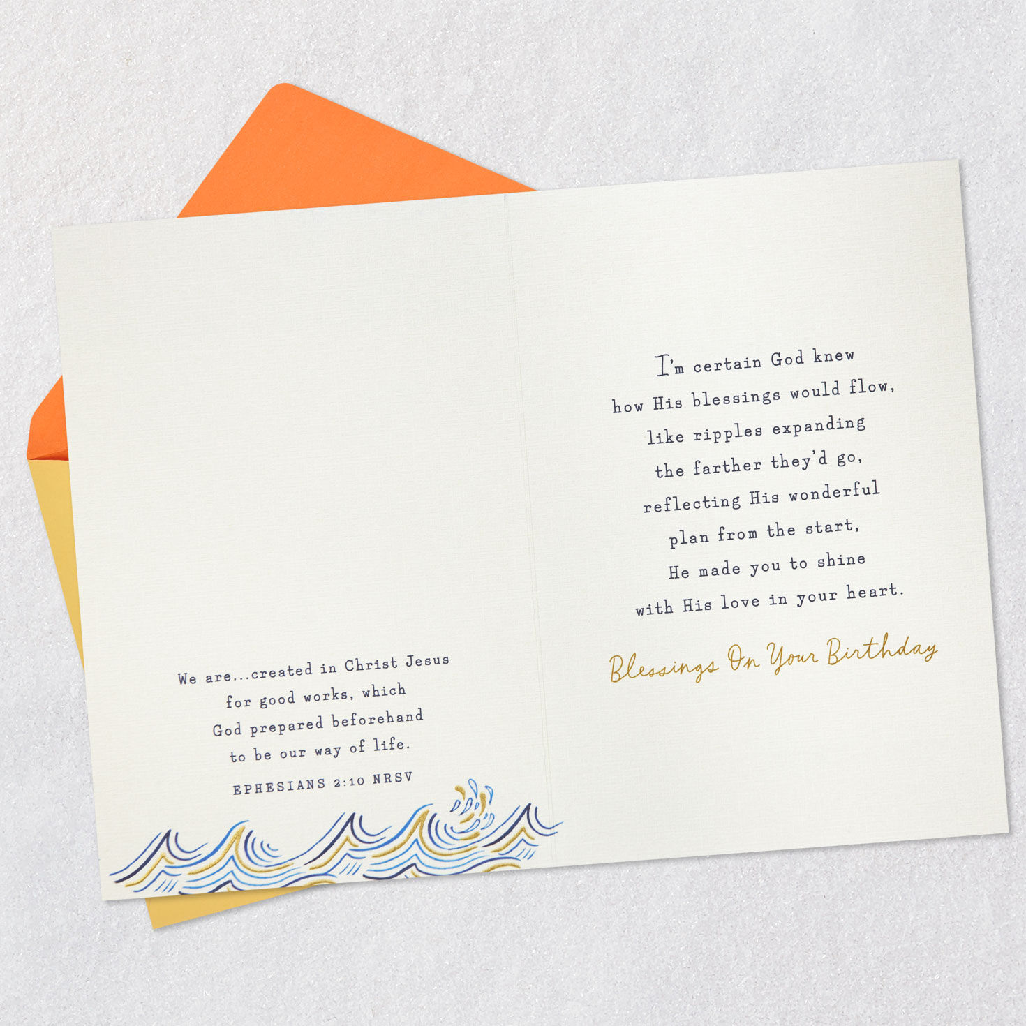 Blue Waves on White Christian Birthday Card Open card with envelope image number 4