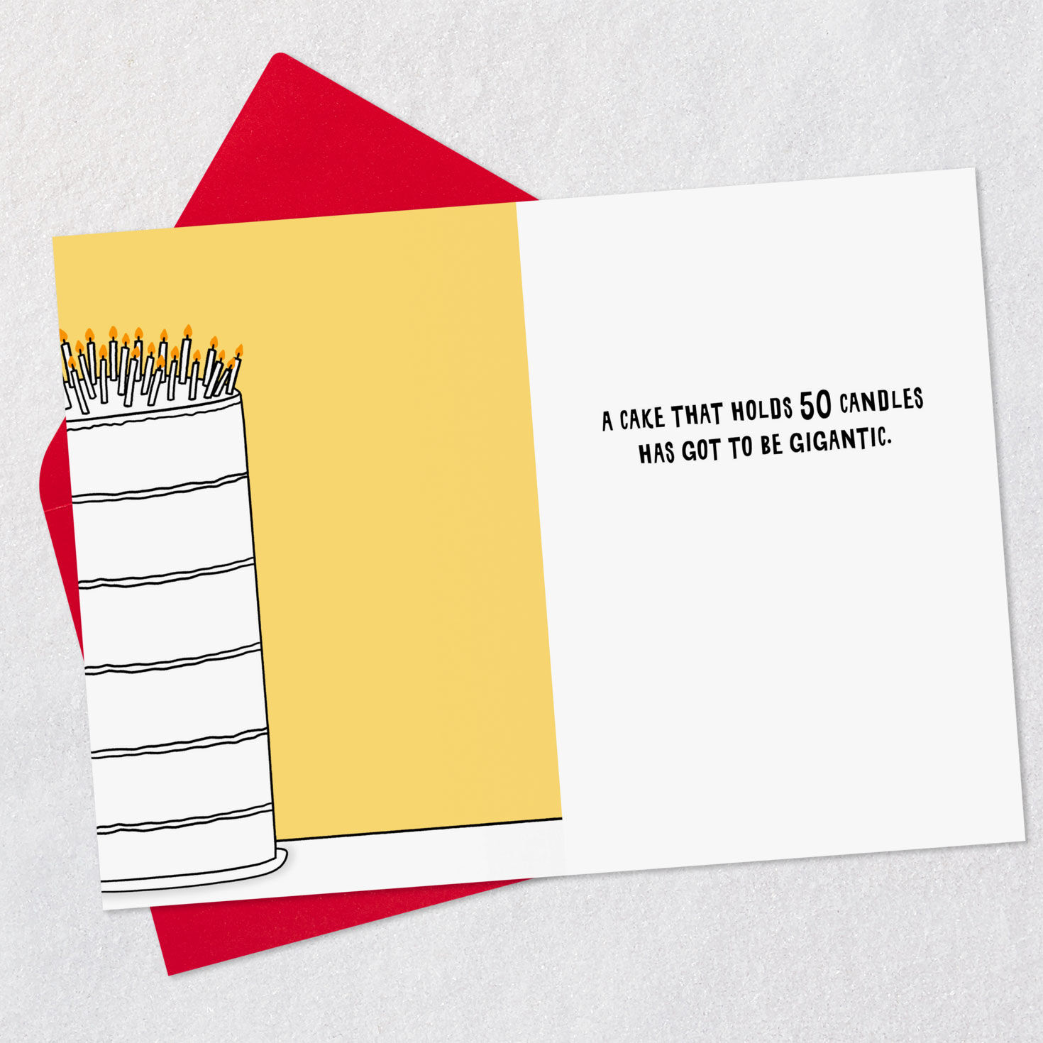 Red on Yellow Funny 50th Birthday Card Open card with envelope image number 3