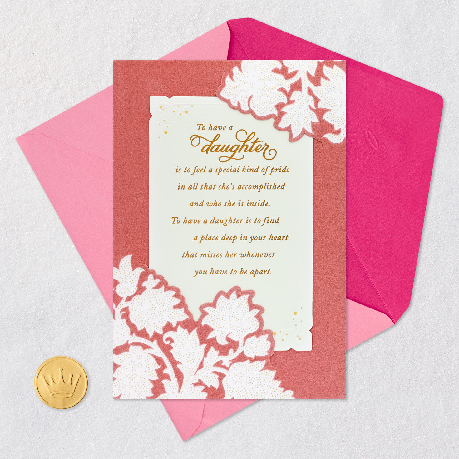 Floral Damask on Pink Daughter Birthday Card Card Front with Envelope and Gold Seal image number 5
