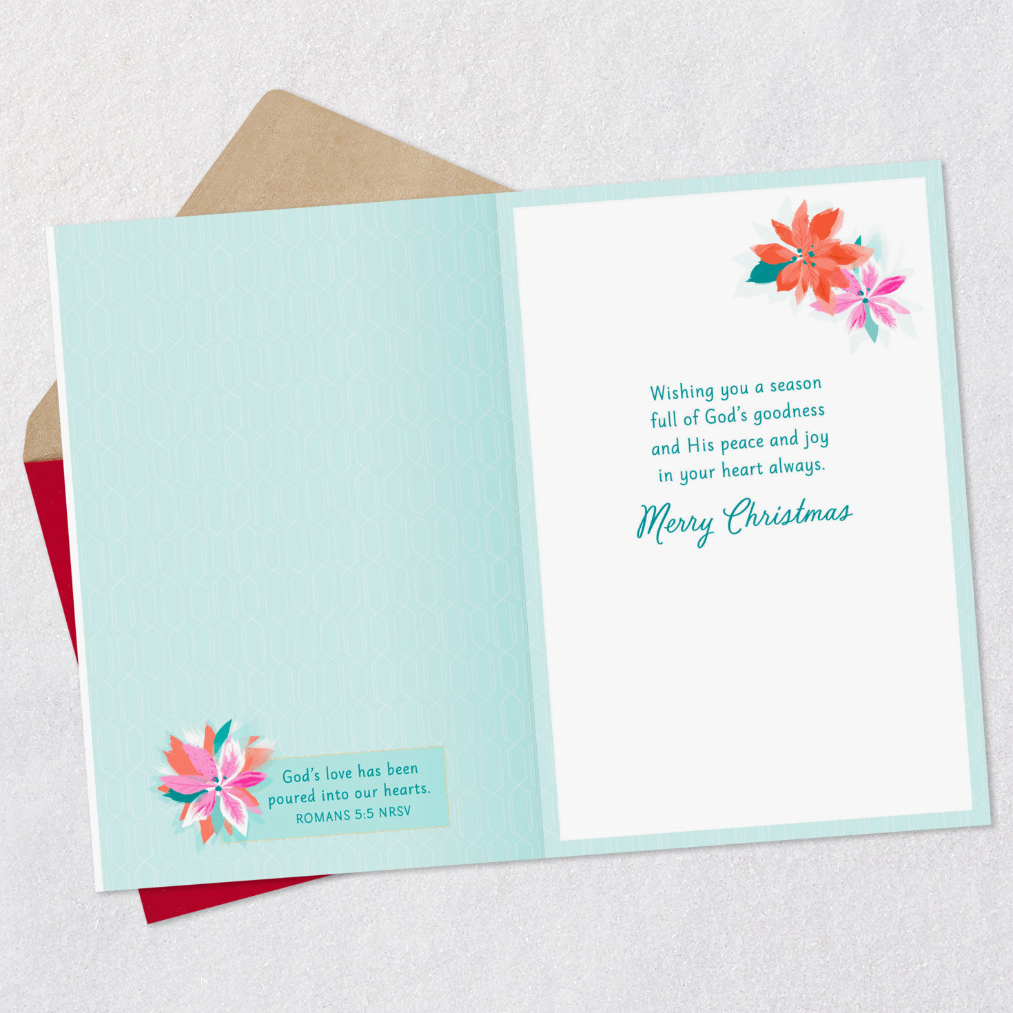 Poinsettias Religious Christmas Card for Aunt Open card with envelope image number 4