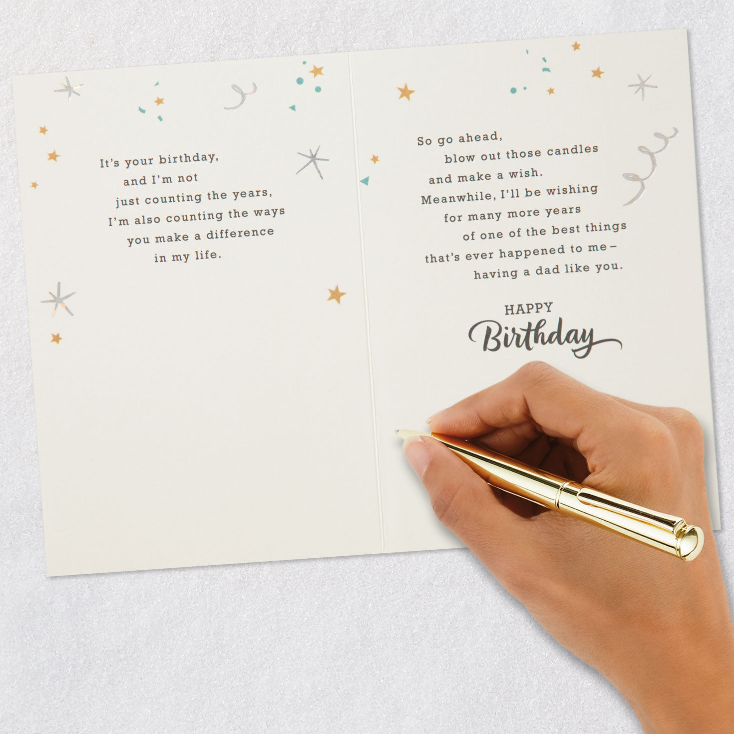Gold and Green Cake & Stars Birthday Card for Dad Signing card image number 7