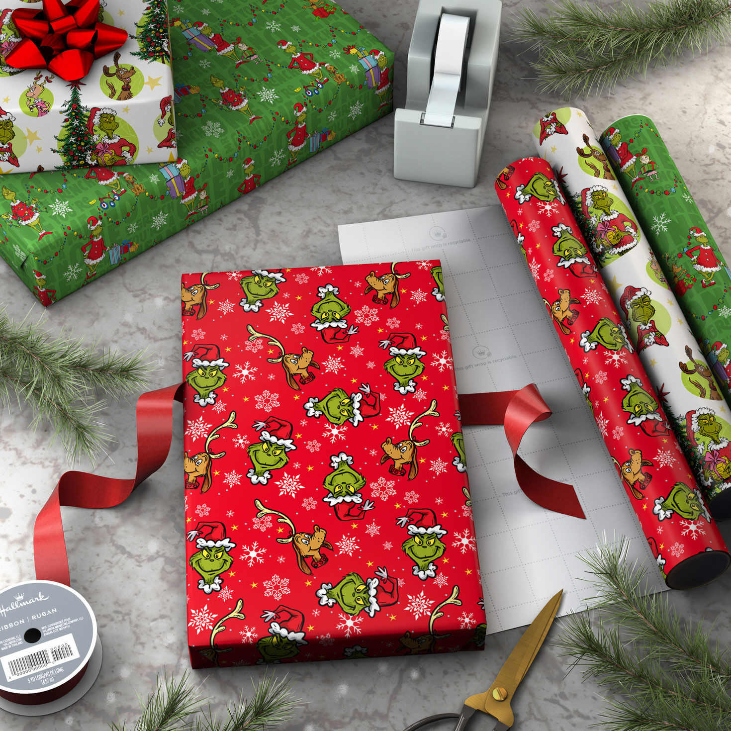Green and Red Grinch 3-Pack Mini Xmas Gift Wrap Rolls Wrapped pkg image number 3