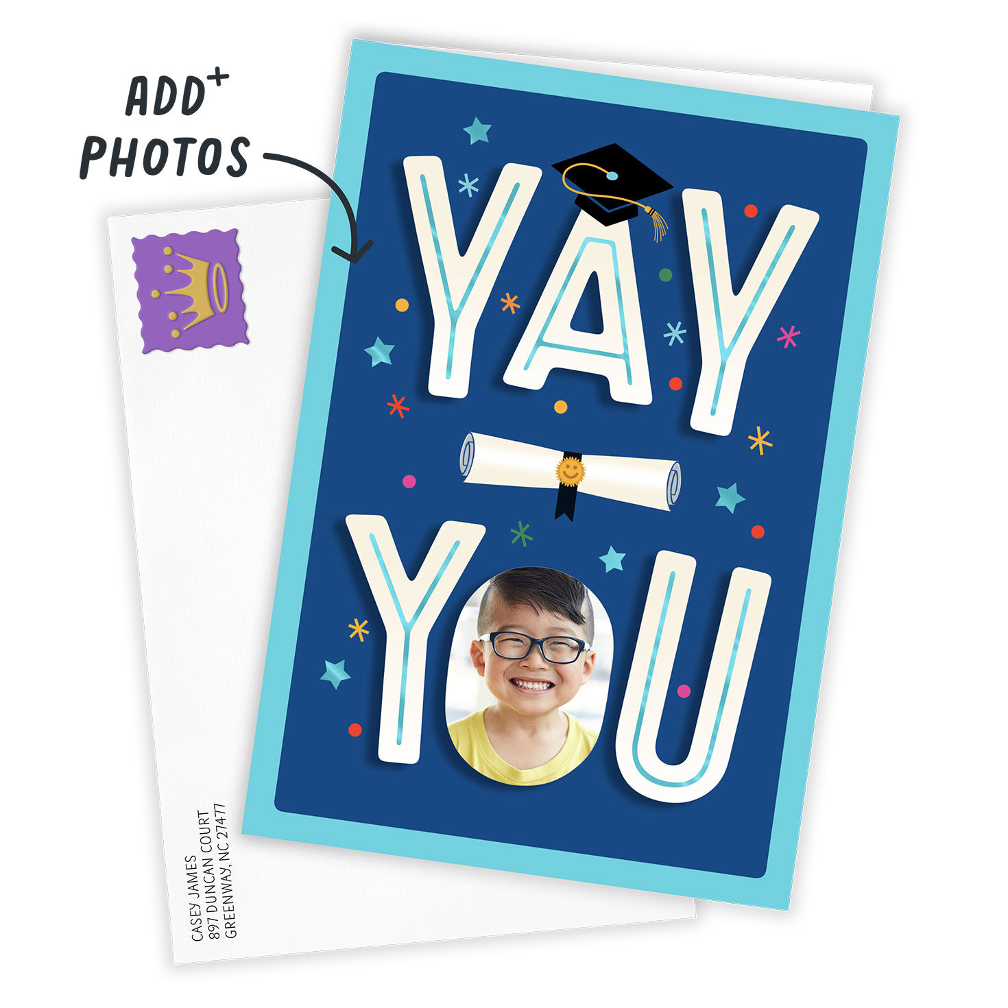 Yay You Blue Personalized Grad Card  Card front with Envelope image number 2