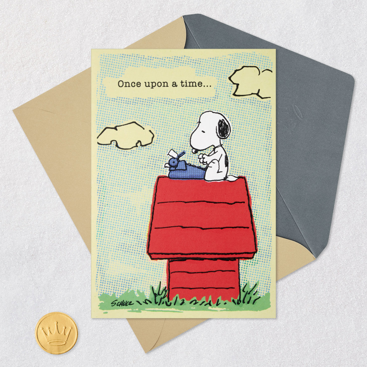 Snoopy at Typewriter Anniversary Card Card Front with Envelope and Gold Seal image number 5