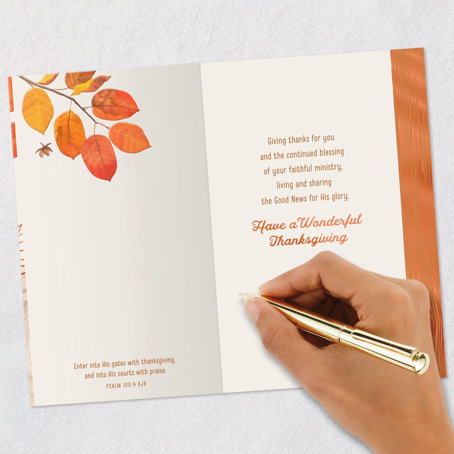 Orange Leaves Religious Thanksgiving Card for Pastor signing card image number 7