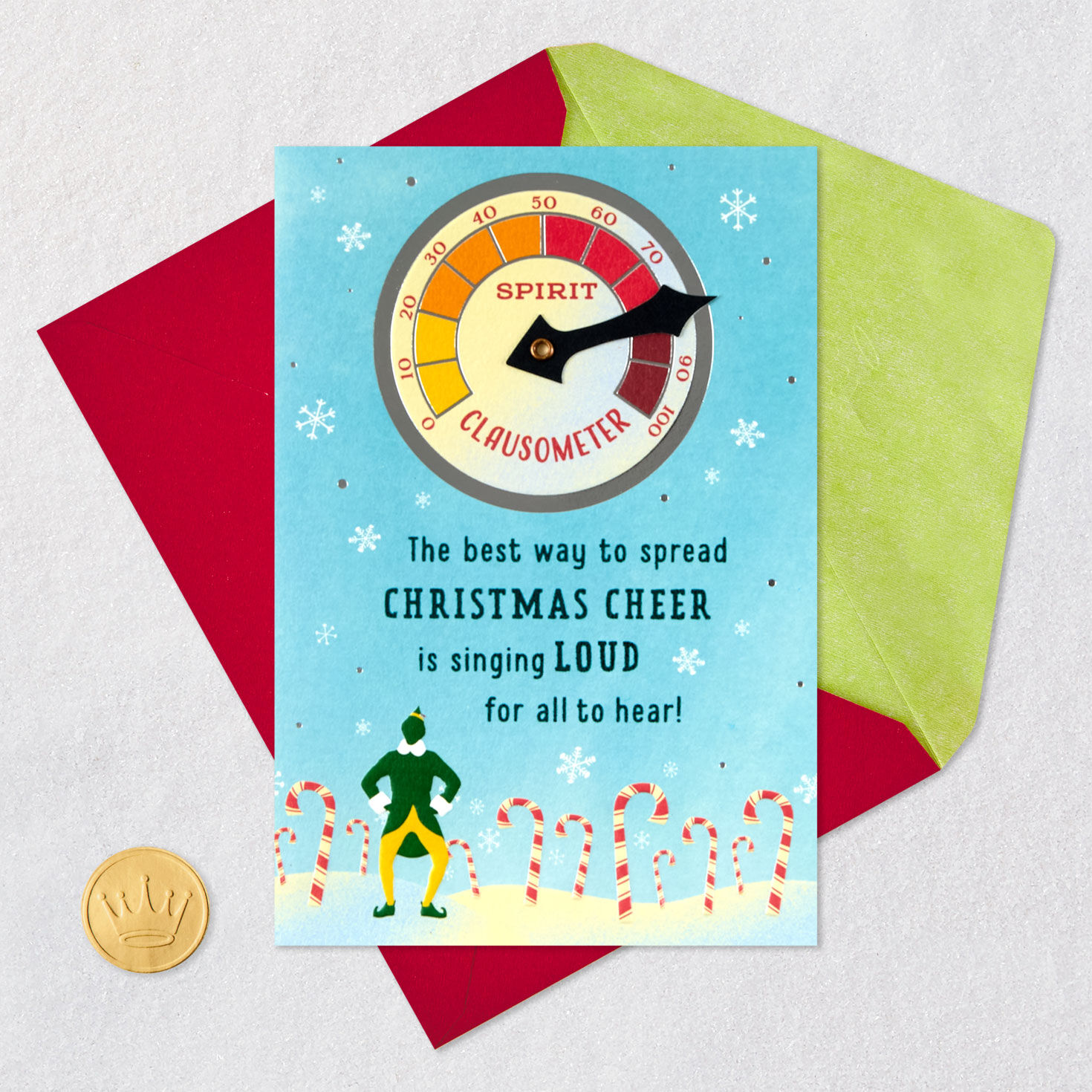 Elf Clausometer Christmas Card Card Front with Envelope and Gold Seal image number 6