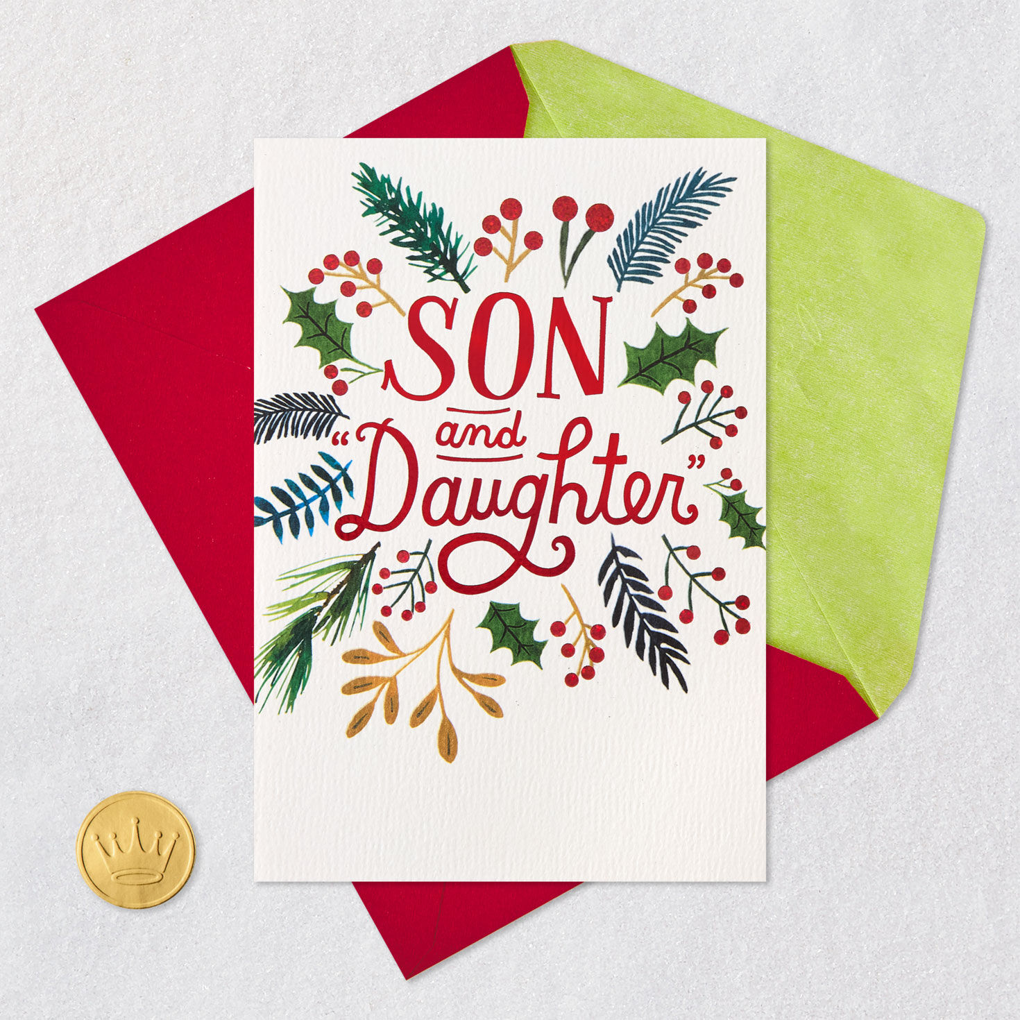 Holiday Greenery Son and Daughter-in-Law Christmas Card Card Front with Envelope and Gold  Seal image number 7