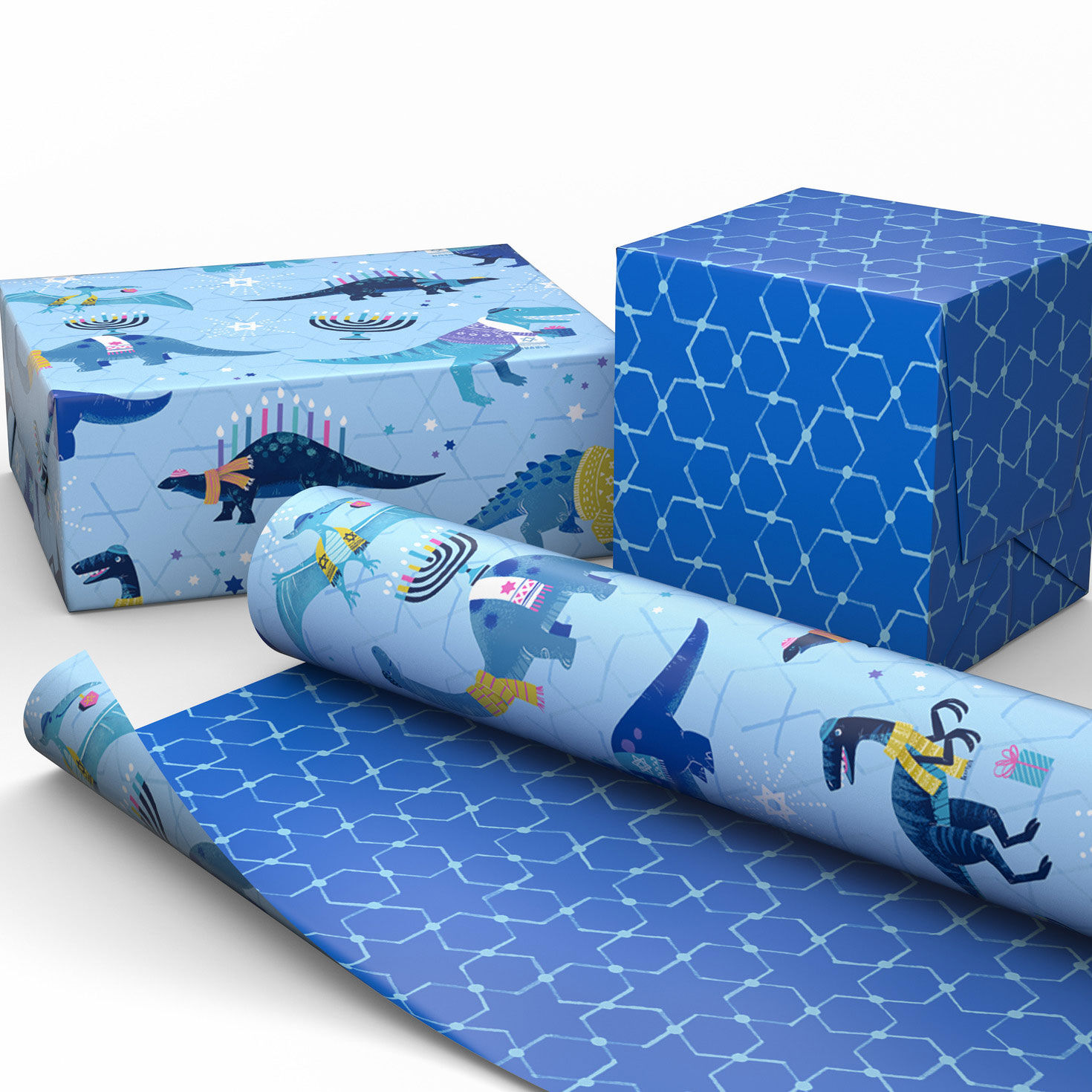 Dinosaurs and Stars Reversible Hanukkah Gift Wrap Wrapped package image number 2