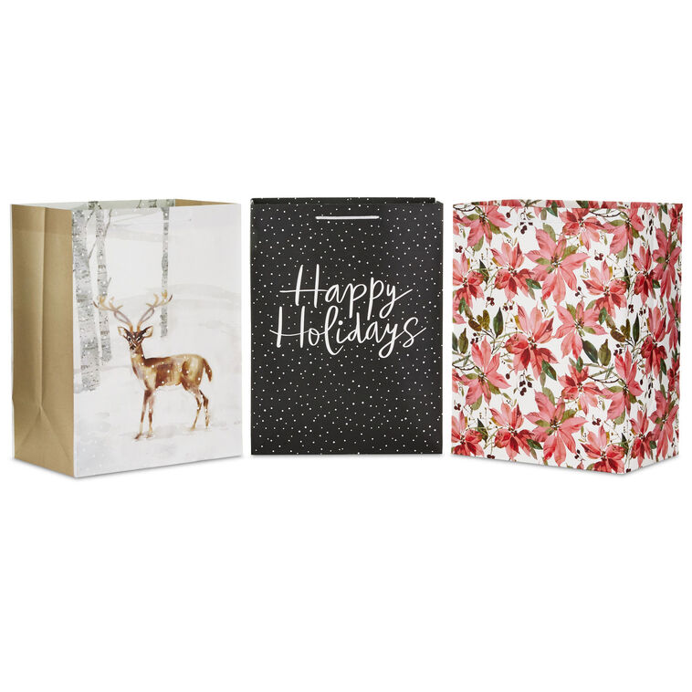 17" Wintry Watercolor 3-Pack Assortment X-Deep Christmas Gift Bags