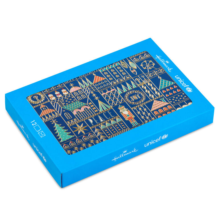 UNICEF Geometric Christmas Village on Blue Boxed Christmas Cards, Pack of 12