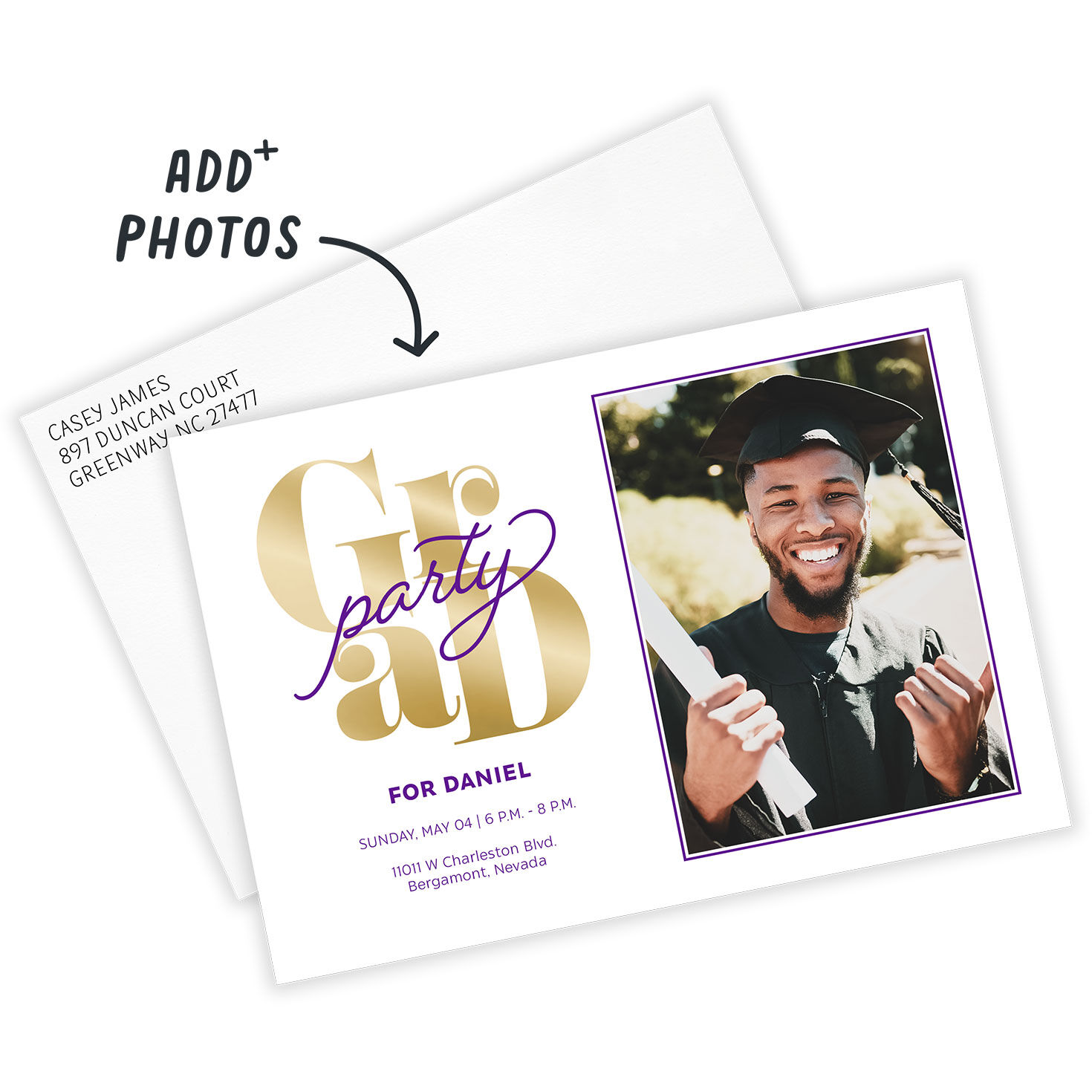 Gold and Purple Personalized Grad Party Invitation Card Front indicating personalization image number 2