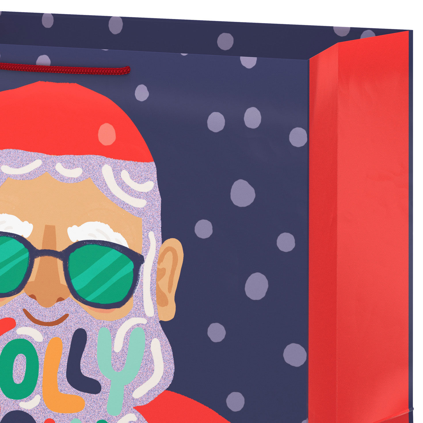 Glittery Santa on Blue Big Holiday Gift Bag Handle Detail image number 4