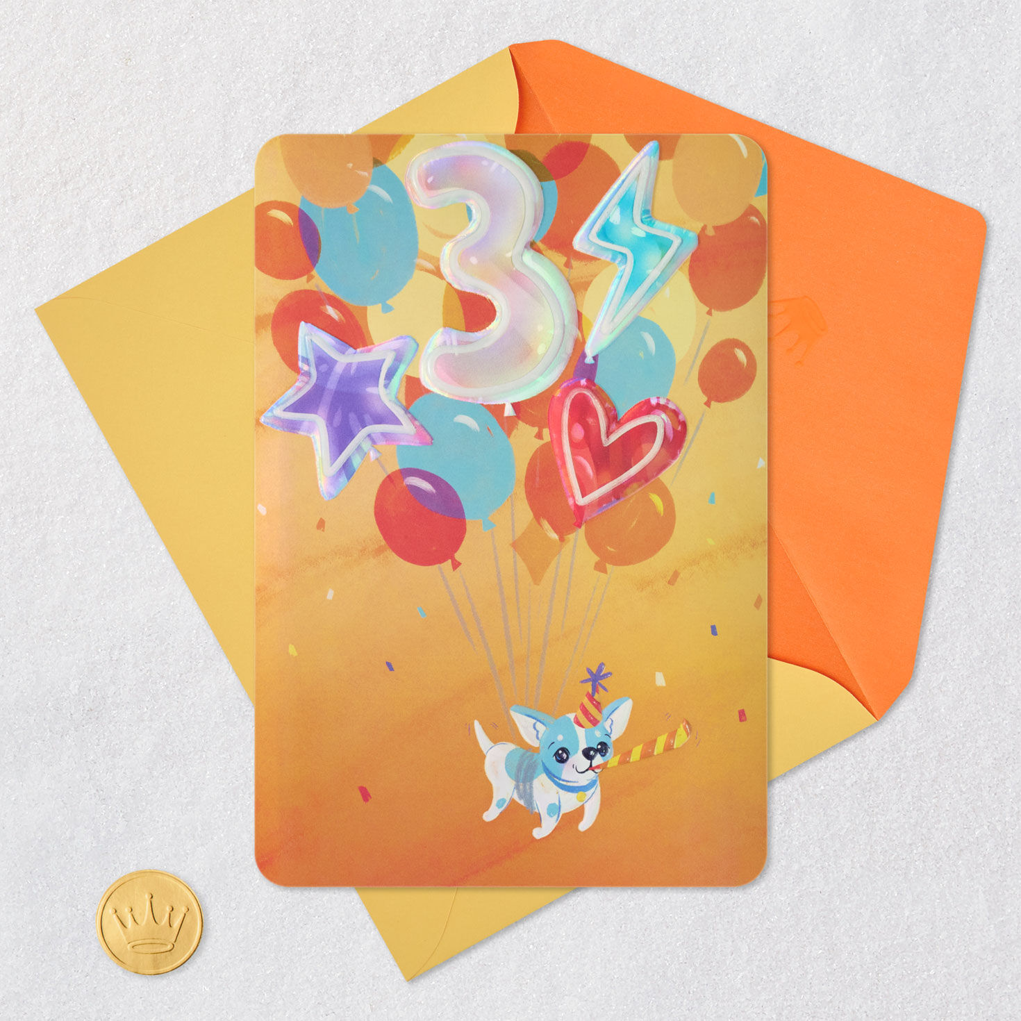 Dog With Balloons 3rd Birthday Card for Boys Card Front with Envelope and Gold Seal image number 6