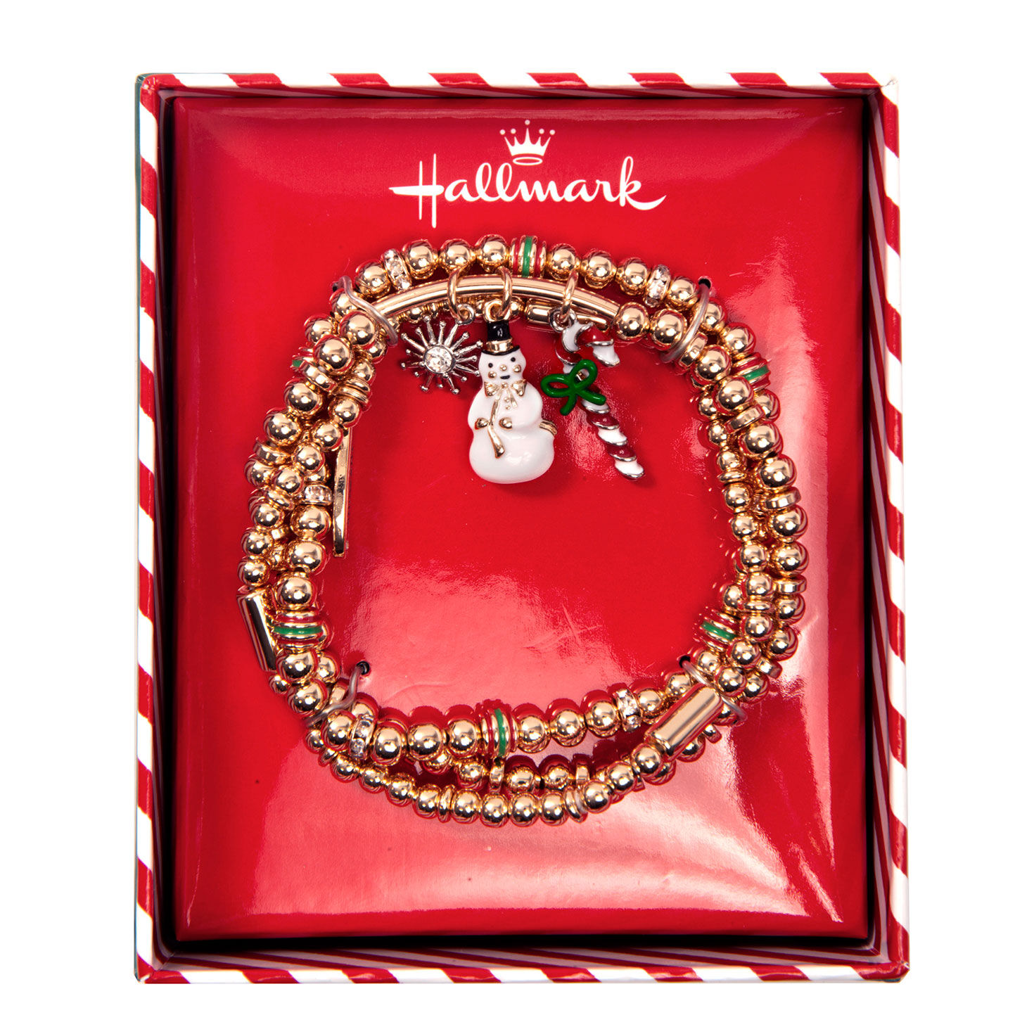 3 Gold Bead Stretch Bracelets With Holiday Charms package open image number 2