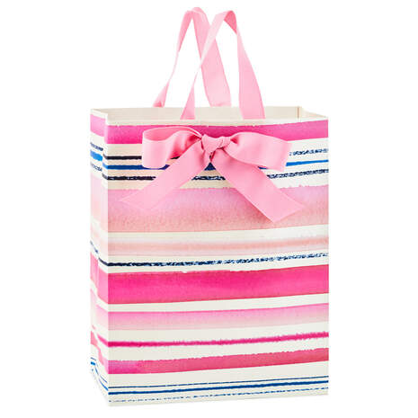 Pink Watercolor Stripes Medium Gift Bag, 9.6", , large