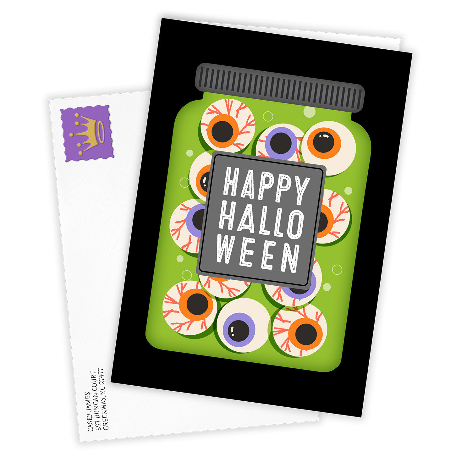 Green Jar of Eyeballs Personalized Halloween Card Card Front with Envelope image number 2