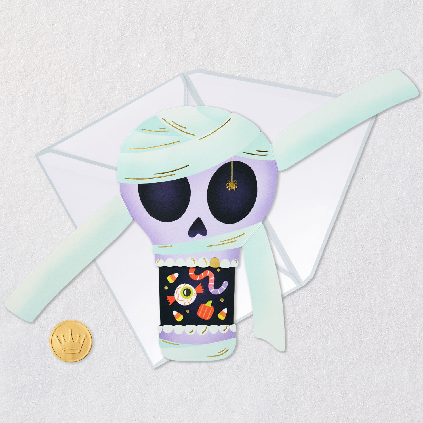 Party Your Face Off Mummy Paper Craft Halloween Card Card Front with Envelope and Gold Seal image number 5