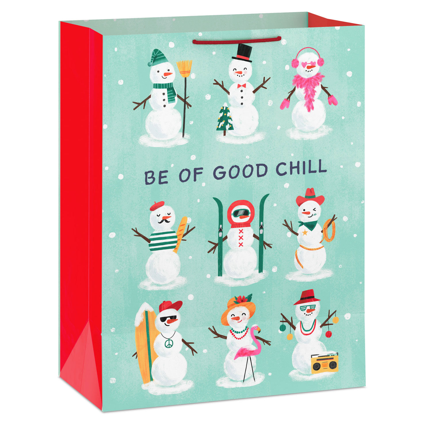 Modern Snowmen on Mint Green Jumbo Christmas Bag Back image number 6