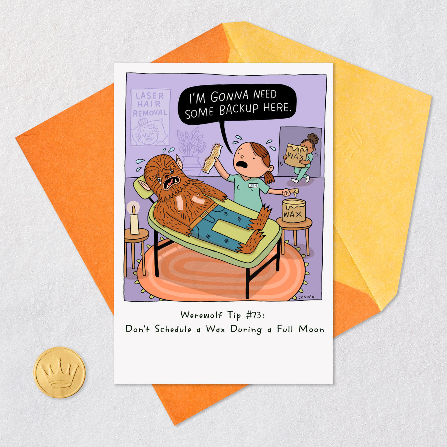Hairy Werewolf Funny Halloween Card Card Front with Envelope and Gold Seal image number 5