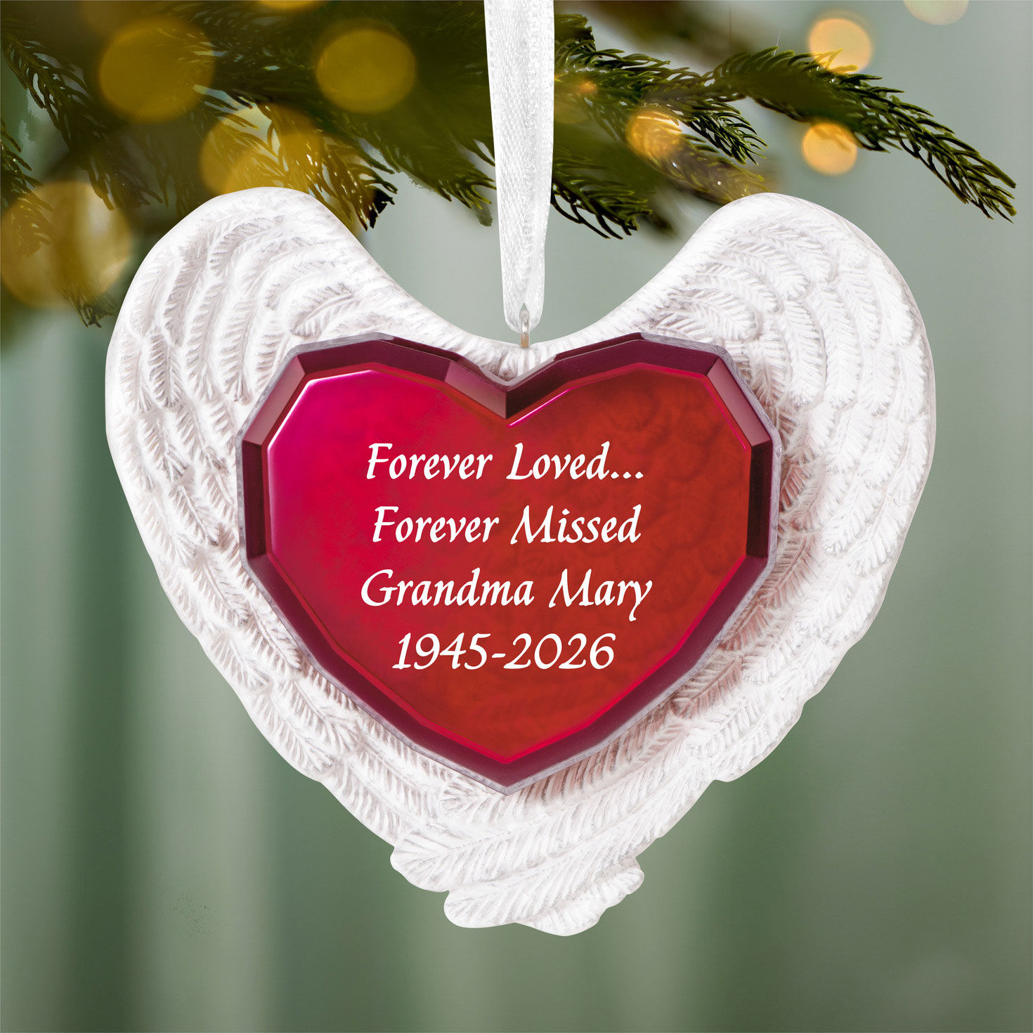 Forever Loved Memorial Heart and Angel Wings Personalized Keepsake Ornament hanging on tree image number 3