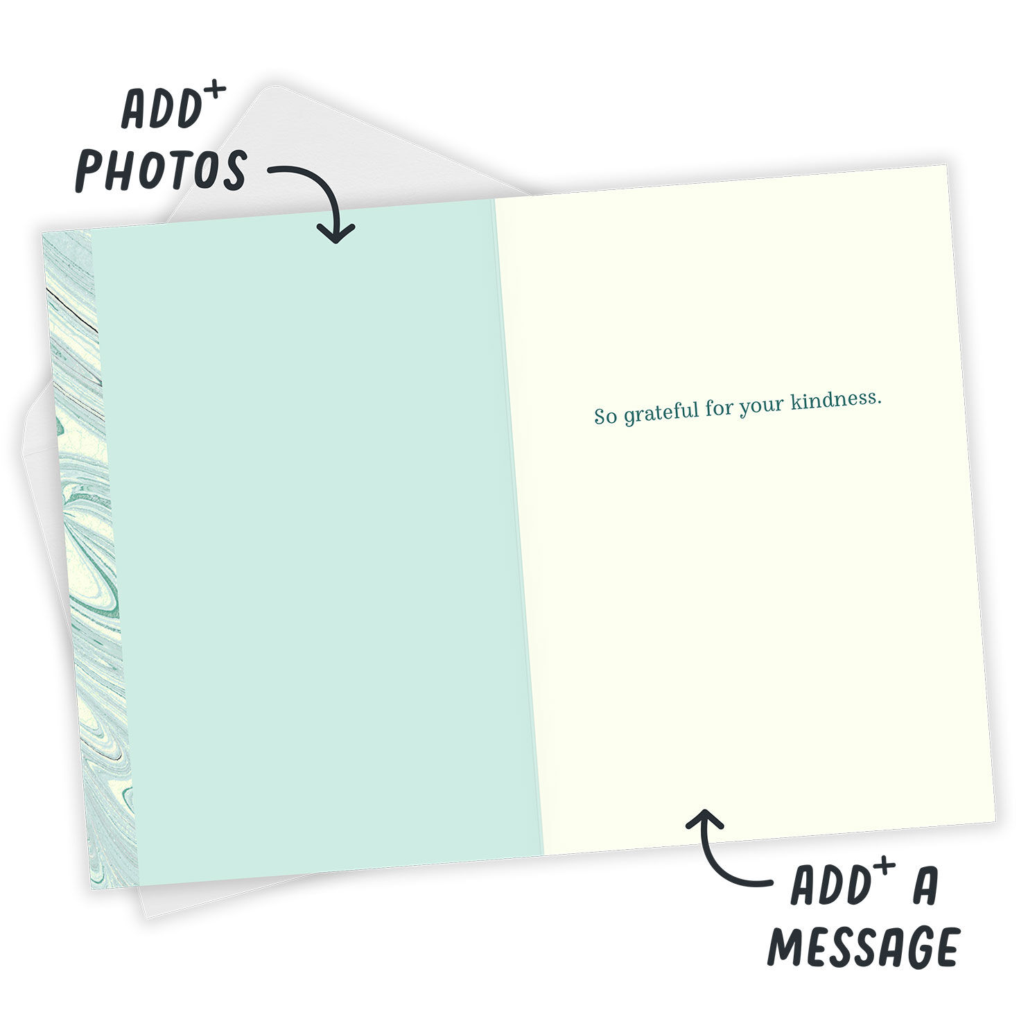 Pale Green Ink Swirls Personalized Thank You Card Open Card with Envelope indicating personalization image number 3