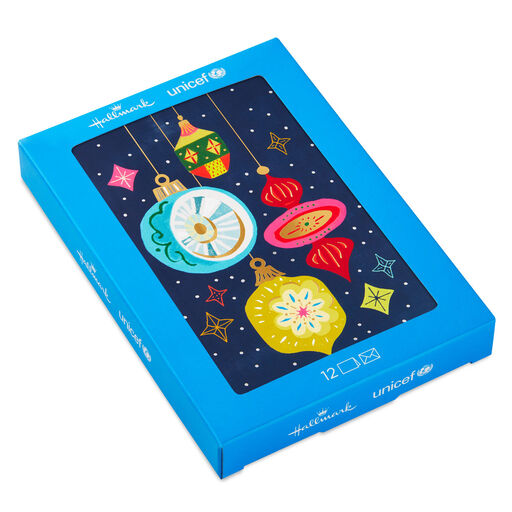 UNICEF Blown Glass Ornaments on Blue Boxed Christmas Cards, Pack of 12, 
