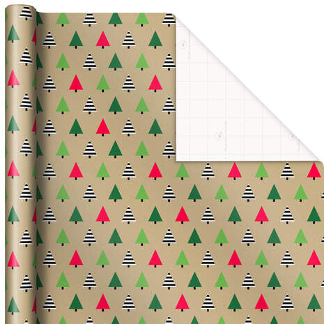 Patterned Trees on Tan Christmas Wrapping Paper, 25 sq. ft., , large