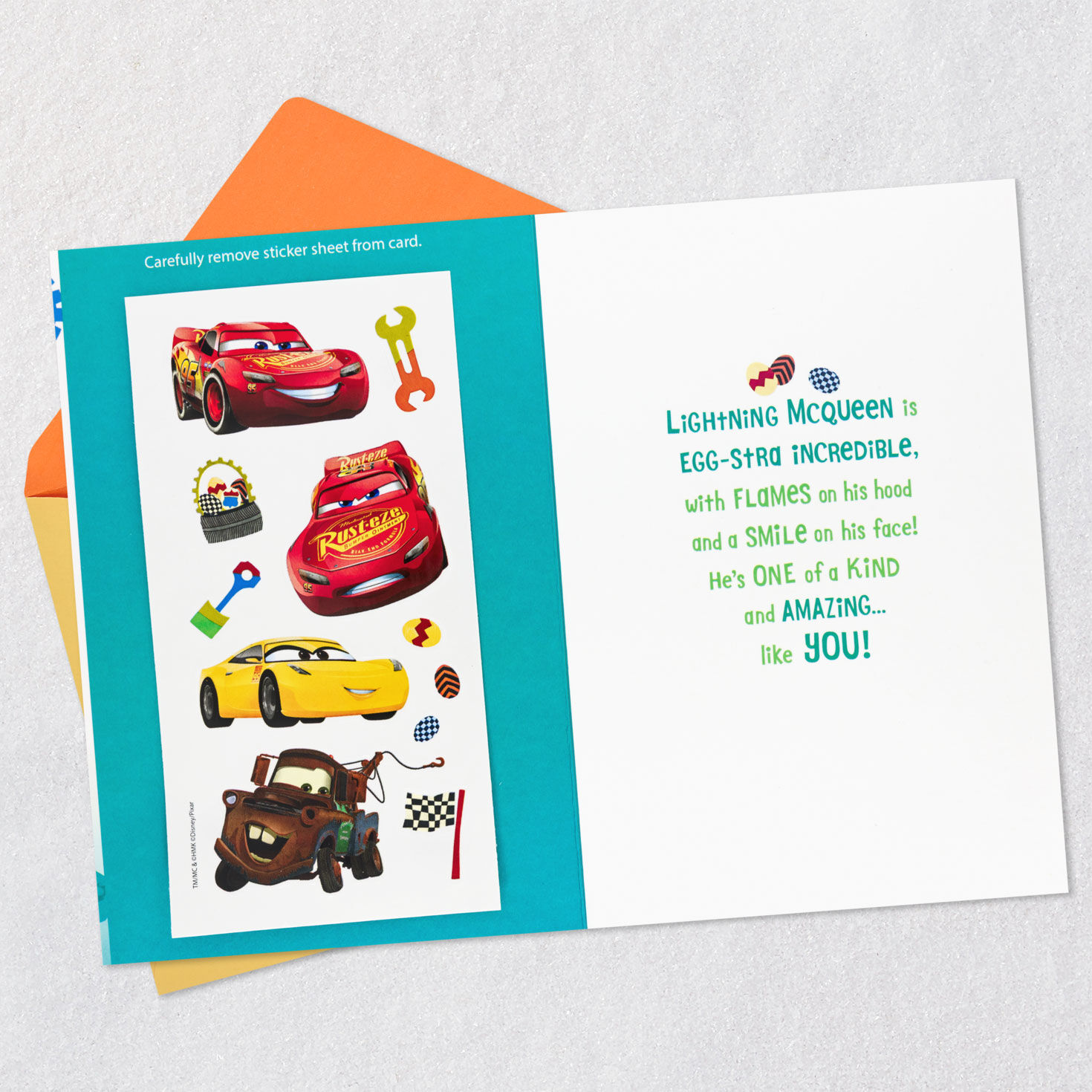 Red Race Car with Green Lettering Easter Card for Grandson Open card with envelope image number 3