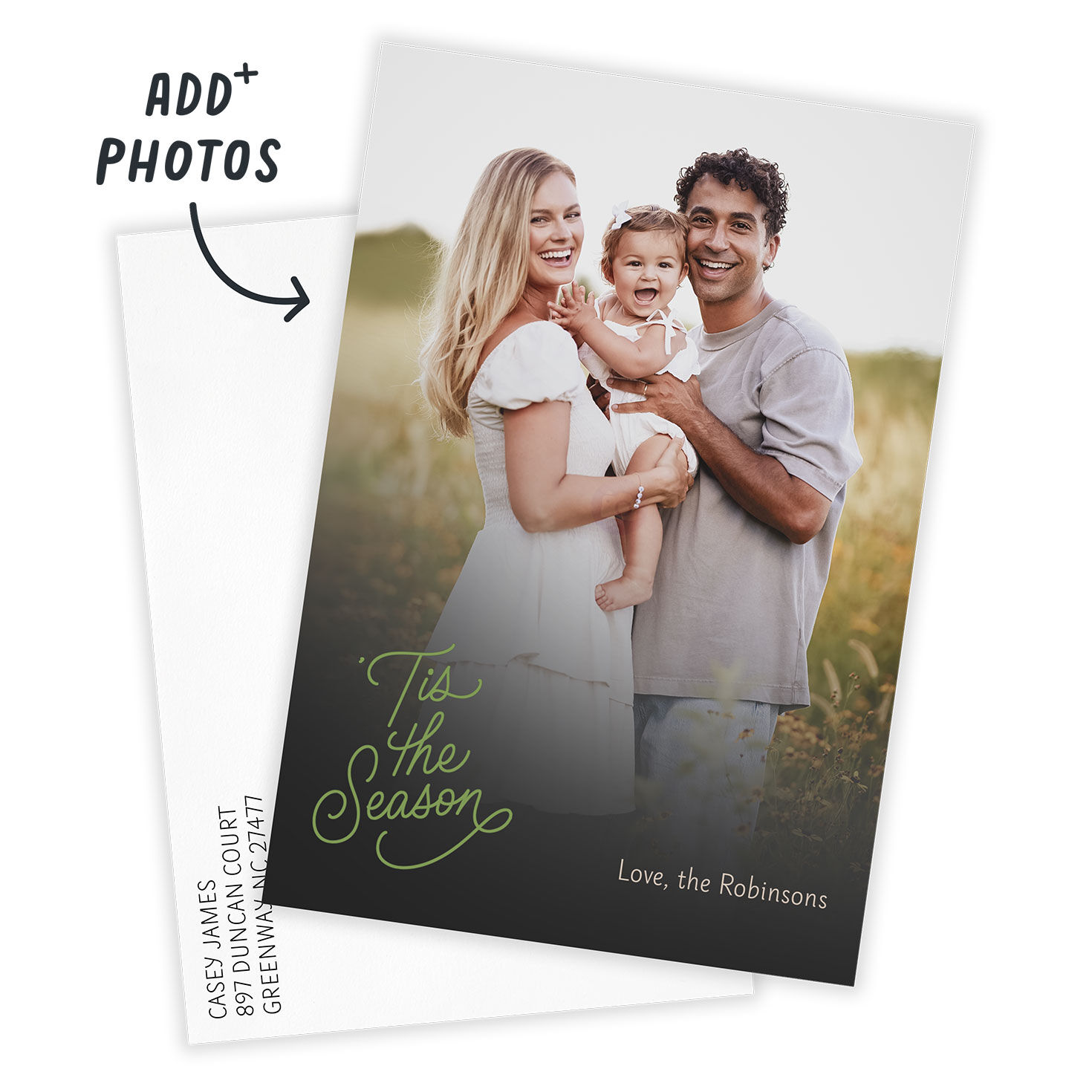 Tis the Season Full Photo Personalized Holiday Card Card Front indicating personalization image number 2