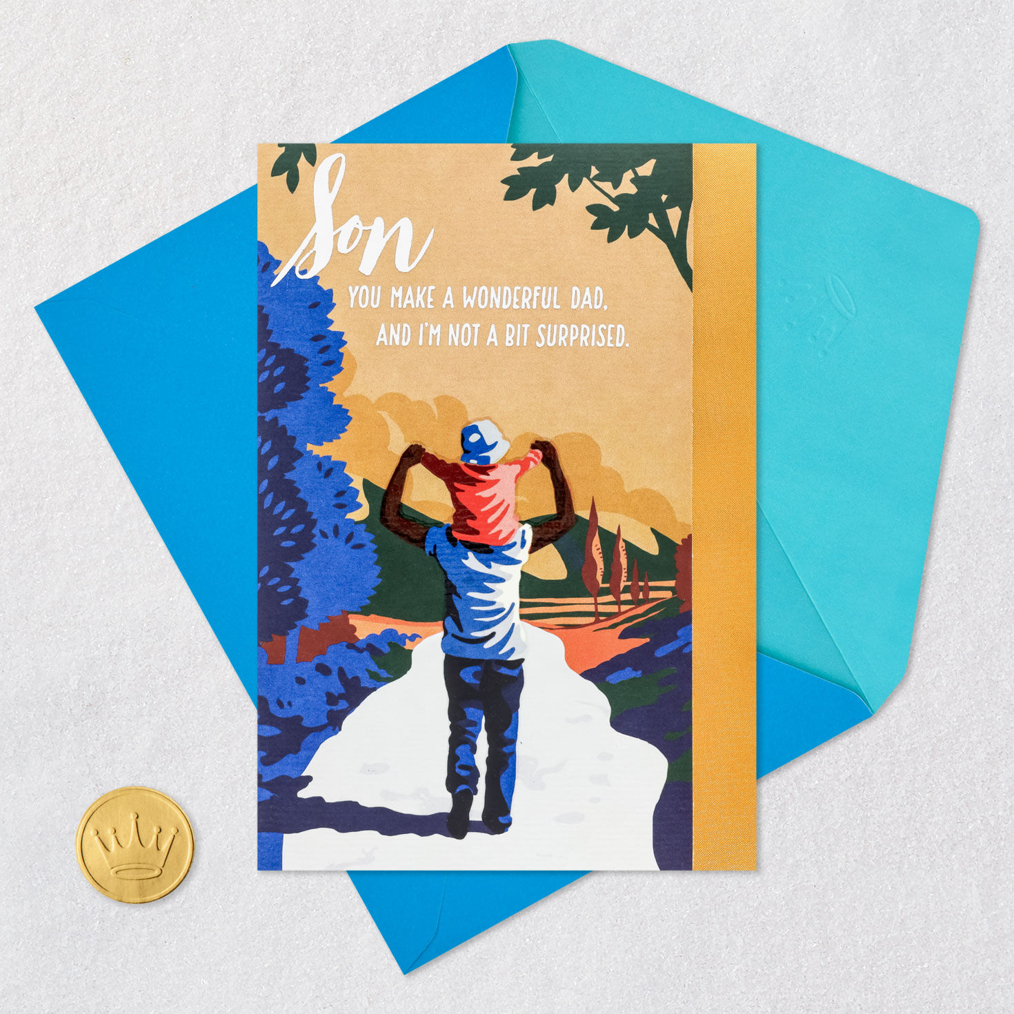 Kid on Dad's Shoulders Father's Day Card Card Front with Envelope and Gold Seal image number 6