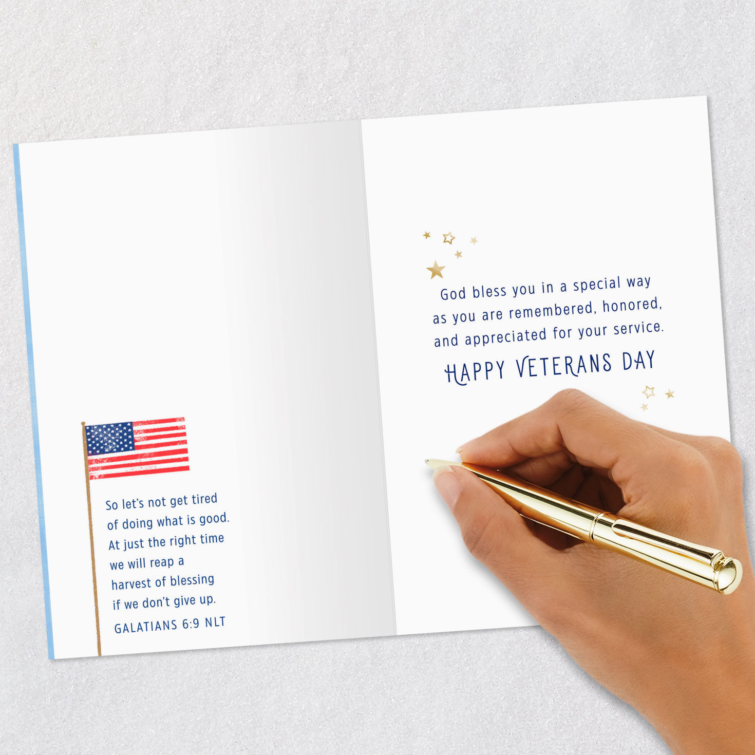 Patriotic Stars on Blue Religious Veterans Day Card Signing card image number 7