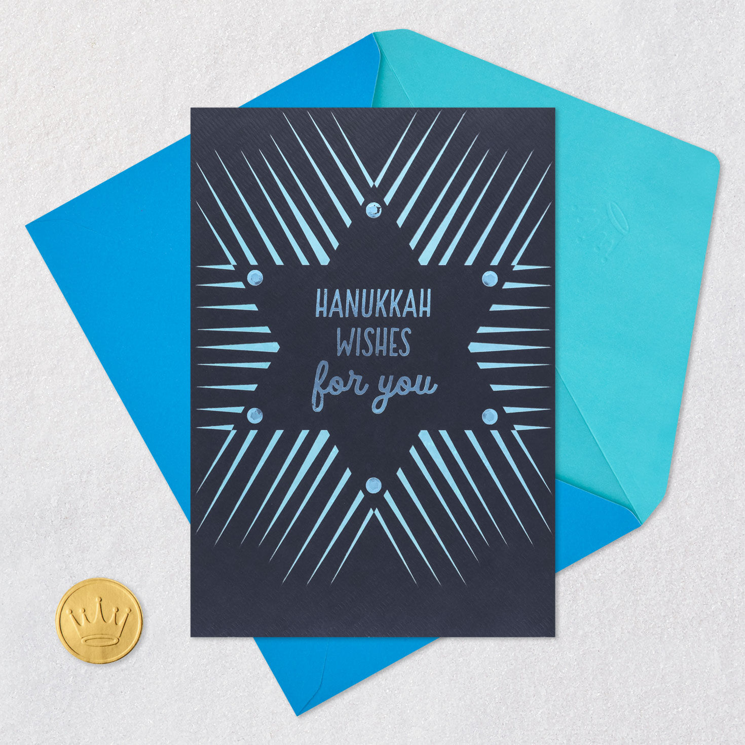 Blue Starburst Hanukkah Card Card Front with Envelope and Gold Seal image number 6