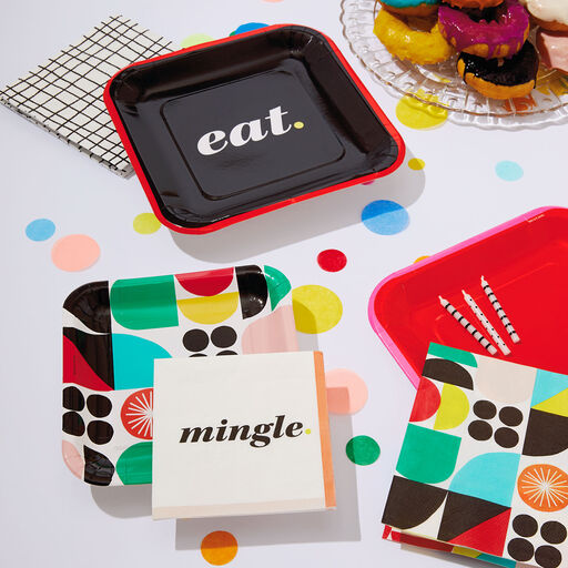 Black and Red "Eat" Square Dinner Plates, Set of 8, 
