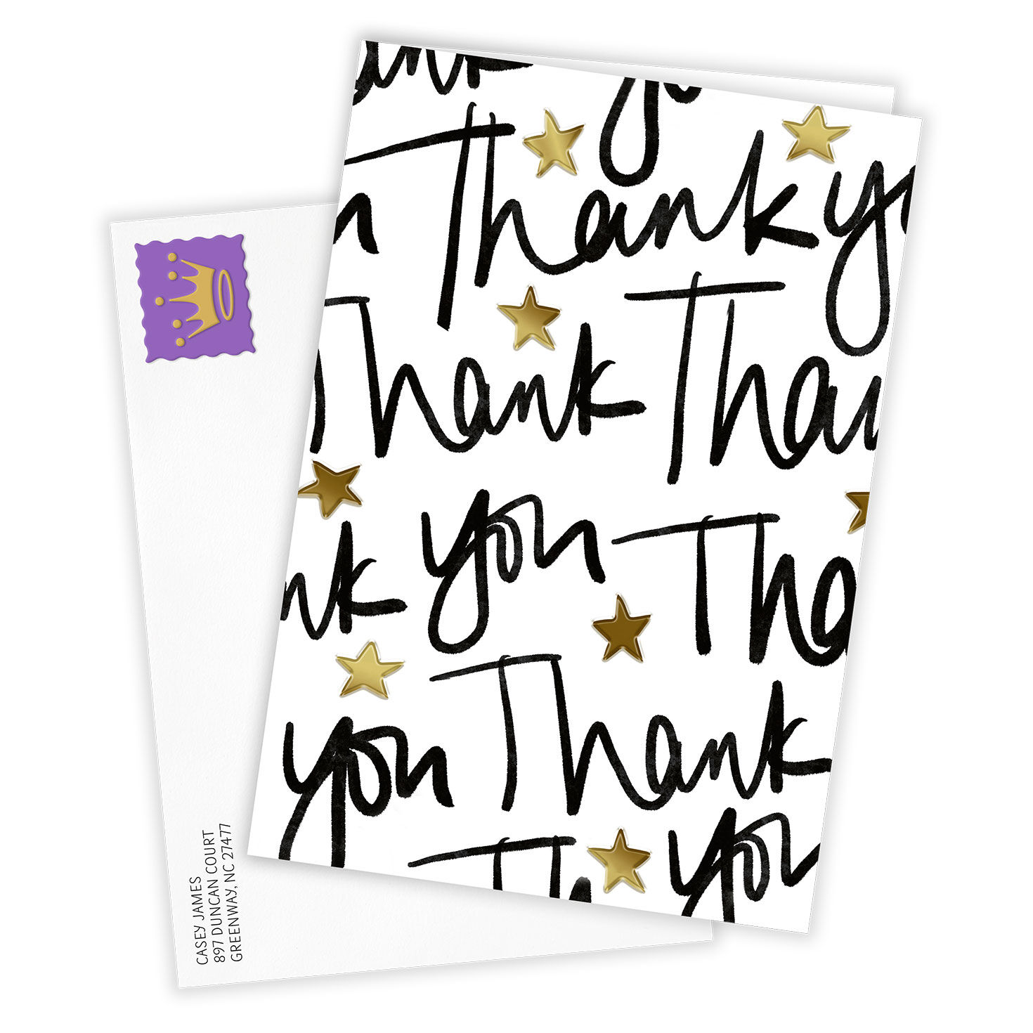 Gold Stars Black Letters Personalized Thank You Card Card Front with Envelope image number 2