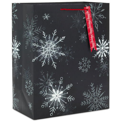 13" White Snowflakes on Black Large Holiday Gift Bag, 
